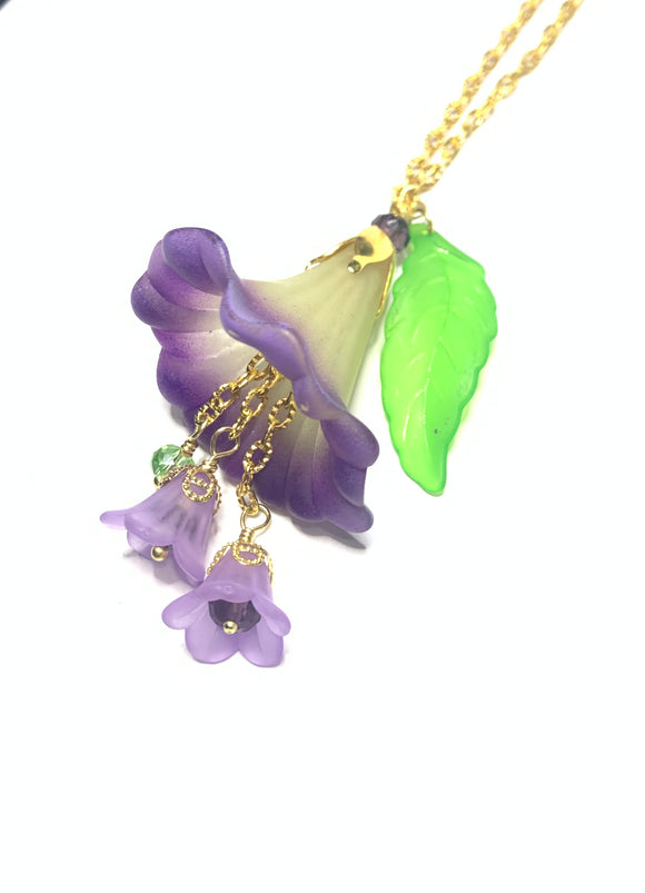 Green and Purple Trumpet Flower Cluster Drop Necklace