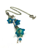 Handpainted Cluster Drop Flower Necklace In Green and Blue
