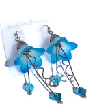 Lucite Flower Earrings- HandPainted White , Aqua & Mermaid Blue Trumpets