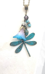 Dragonfly & Trumpet Flower Drop Necklace in Purple and Turquoise