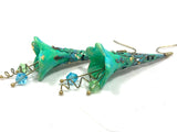 Lucite Flower Earrings- HandPainted Turquoise and Gold Trumpets