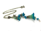Handpainted Cluster Drop Flower Necklace In Green and Blue